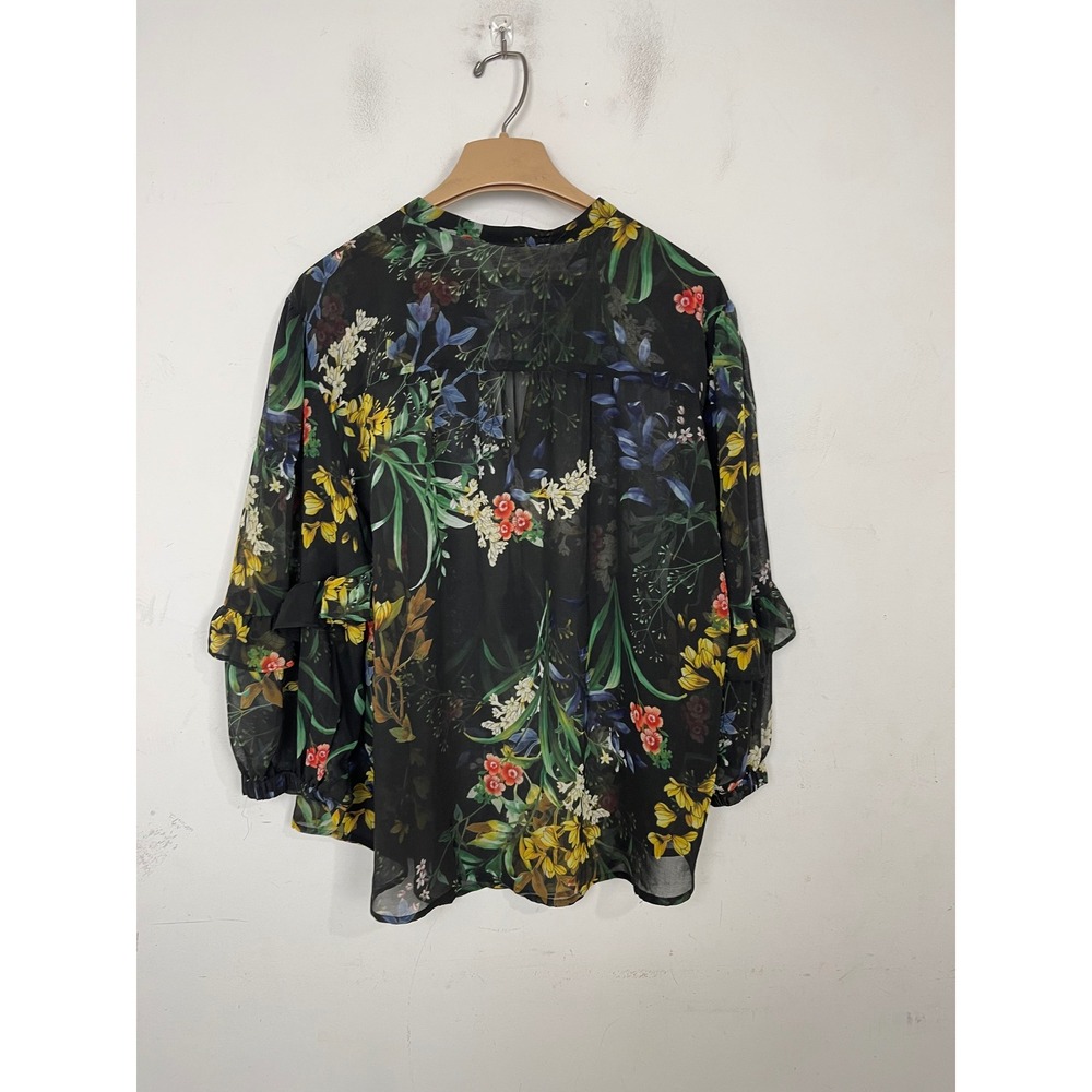 Chicos Black Floral Chiffon Blouse Tassel Tie Ruffle Sleeve Top Size 3.5 US 18 - Picture 5 of 10